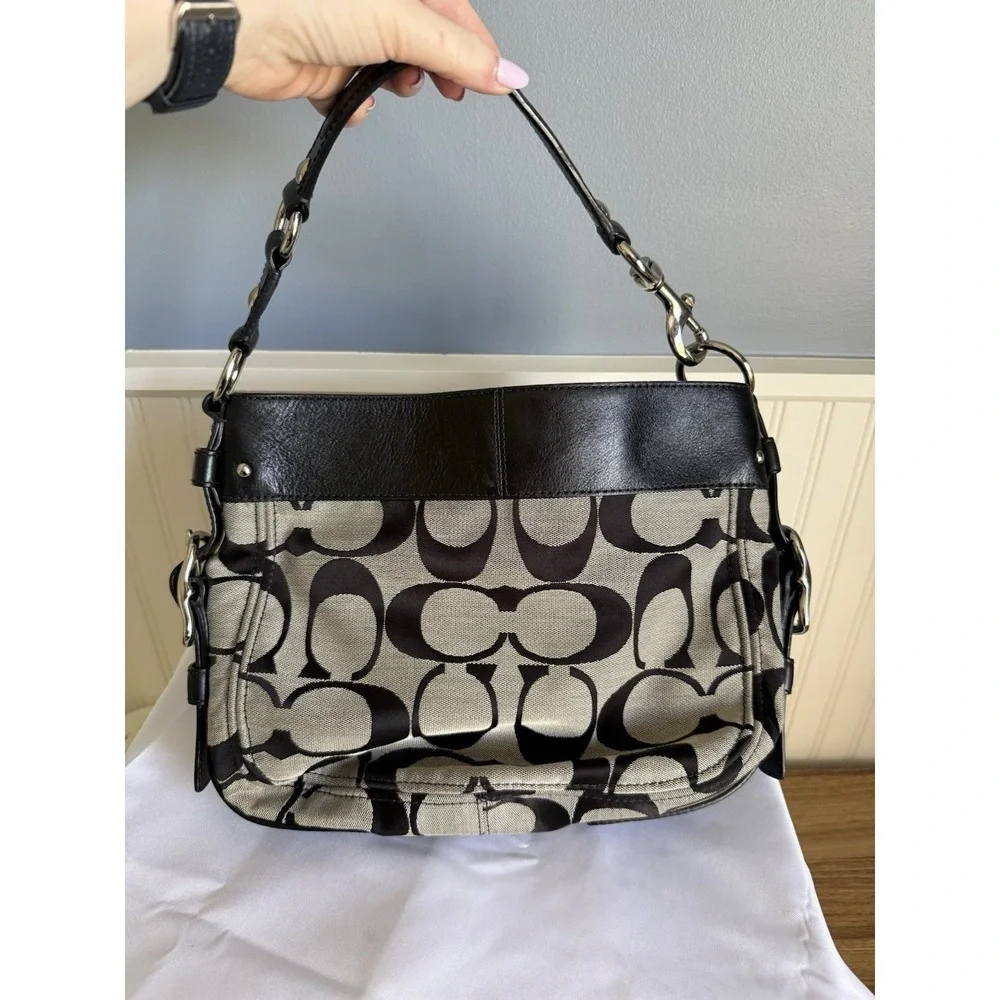 Coach Zoe Hobo Shoulder Bag Purse Black Signature C Canvas Handbag